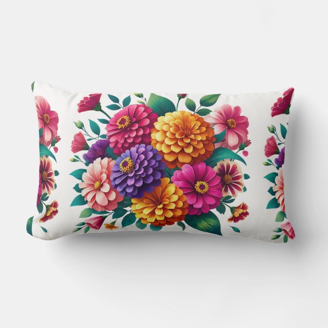 Vibrant Zinnias och Cosmos Blommigt Design Lumbarkudde (Framsida)
