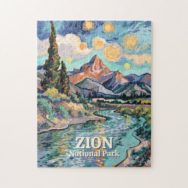 Vibrant Zion River Sunset Retro Van Gogh Watchman Pussel (Vertikal)