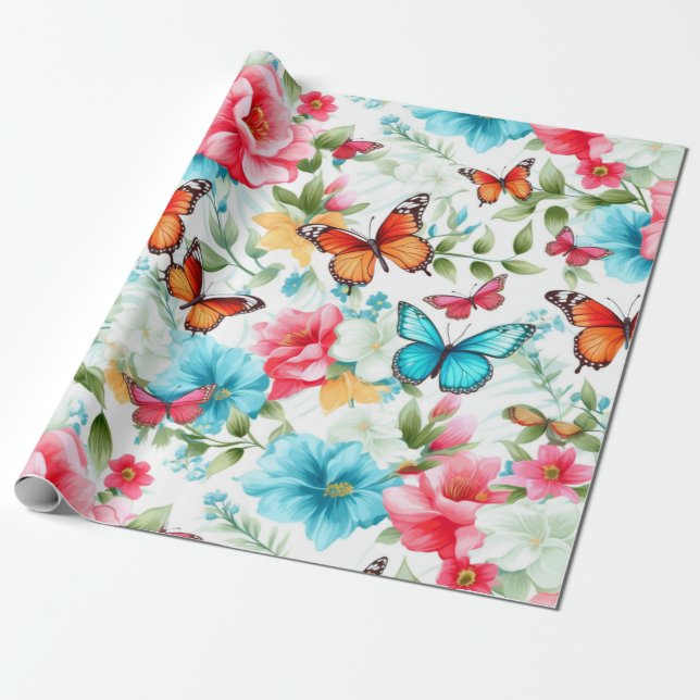 Vibranta Blommar och fjärilar Presentpapper (Utrullad)