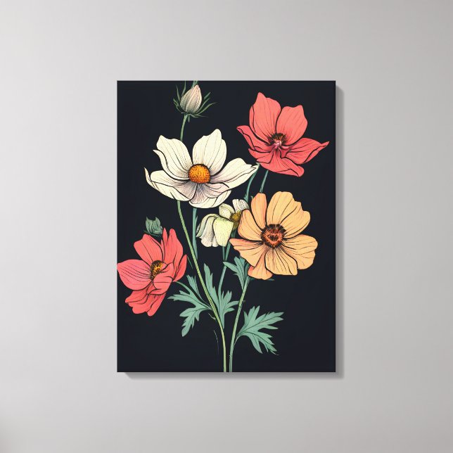 Vibranta blommor på svart canvastryck (Framsida)