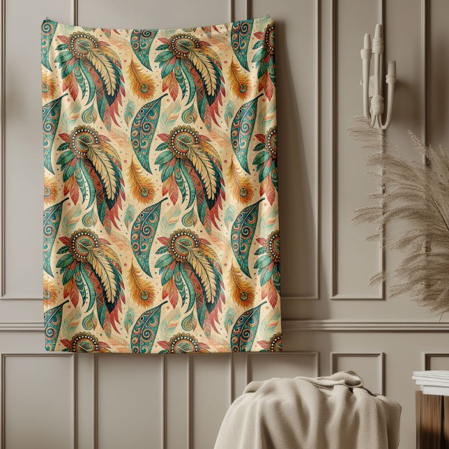 Vibranta, etniska ursprungsfjädrar från stamstamma fleecefilt (Vibrant tribal ethnic native feathers pastel green fleece blanket)