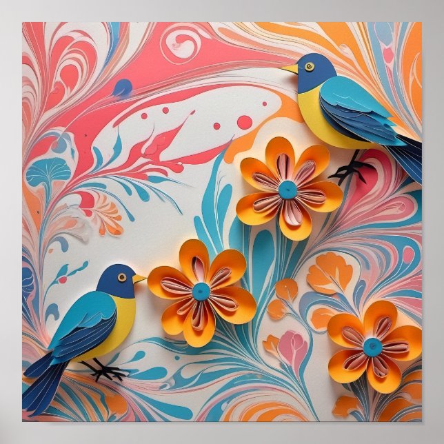 Vibranta Pappra fåglar och Blommigt Art - Kreativ Poster (Framsidan)