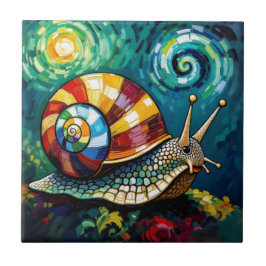 Vibrantly Colorful Impasto Whimsical Snail Kakelplatta