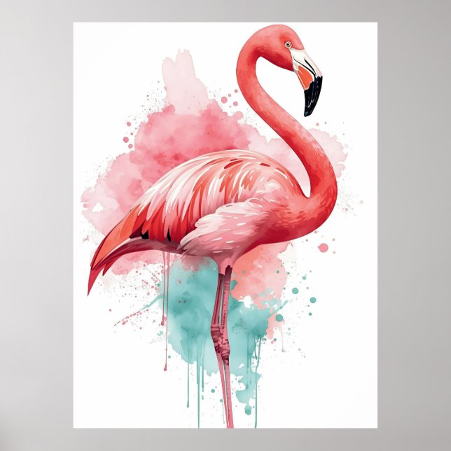Vibrerande akvarellflamingo rosa och turkos stänk poster (Framsidan)