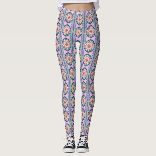 Vibrerande blomkalejdoskop: Rosa & smaragdmandala Leggings (Framsida)