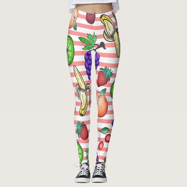 Vibrerande fruktcoctailillustrationer på randar leggings (Framsida)