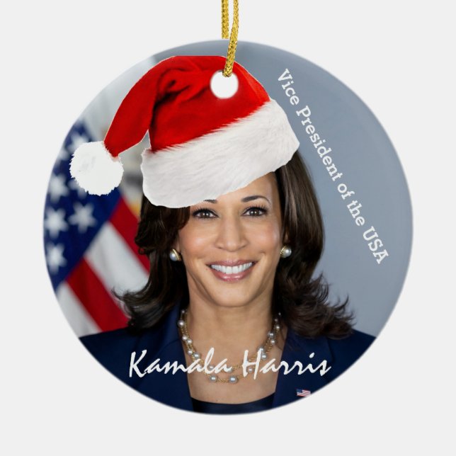 Vicens president Kamala Harris i Santa Hat Julgransprydnad Keramik (Framsidan)