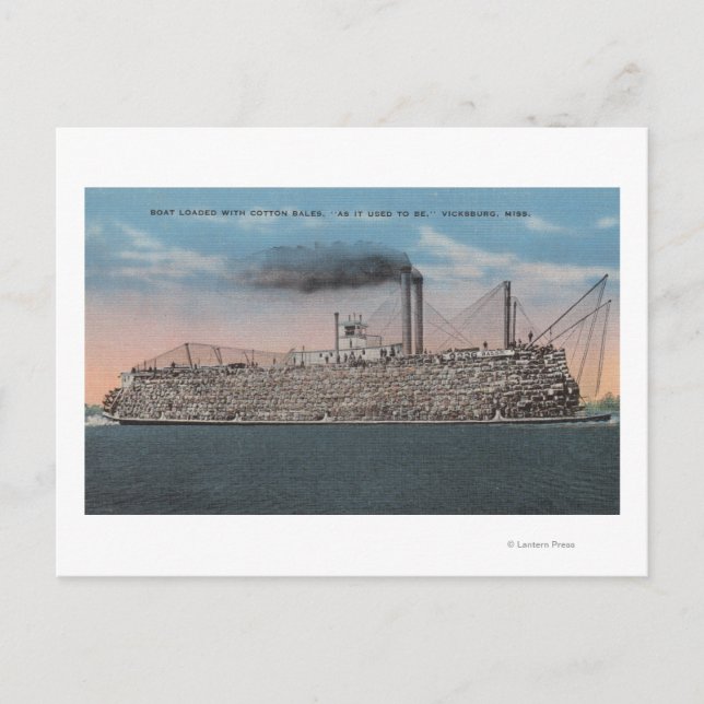 Vicksburg, MS - Vy över båt med bomull ombord Vykort (Framsida)