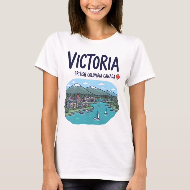 Victoria BC Kanada Söt Panorama Färgrik Stadssilue T Shirt (Framsida)