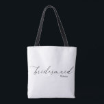 Victoria Bridesmaid Script Black Straps Tote Bag Tygkasse<br><div class="desc">Bridesmaid carryall to the bag med vackra svarta skript och personlig namn på båda sidor. Öppna axelbanden på översta och svarta dubblan så att de lätt kan bäras. Kimberly Brett.</div>