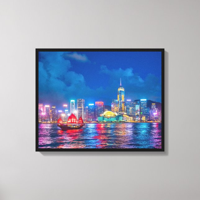 Victoria Harbour & Hong Kong Skyline på natten Canvastryck (Framsida)