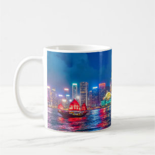 Victoria Harbour & Hong Kong Skyline på natten Kaffemugg