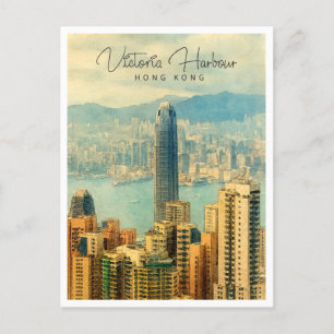 Victoria Harbour Hong Kong Vattenfärg Resekort Helg Vykort