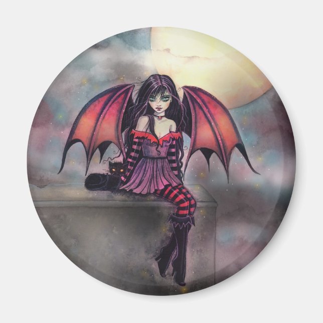 Victoria Vampire Fairy with Cat Halloween Art Magnet (Framsidan)