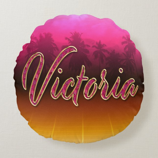 Victoria Vorname Name golden pink Kissen Rund Kudde (Framsidan)