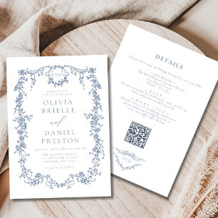 Victorian All in One Dusty Blue QR Code Bröllop Inbjudningar