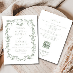 Victorian All in One Sage Grönt QR Code Bröllop Inbjudningar