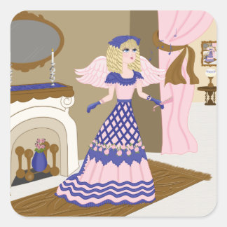 Victorian Angel Blue och Rosa Singing by Fireplace Fyrkantigt Klistermärke