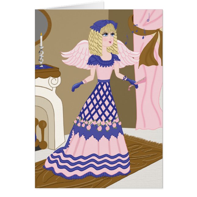 Victorian Angel Blue och Rosa Singing by Fireplace Hälsningskort (Framsidan)