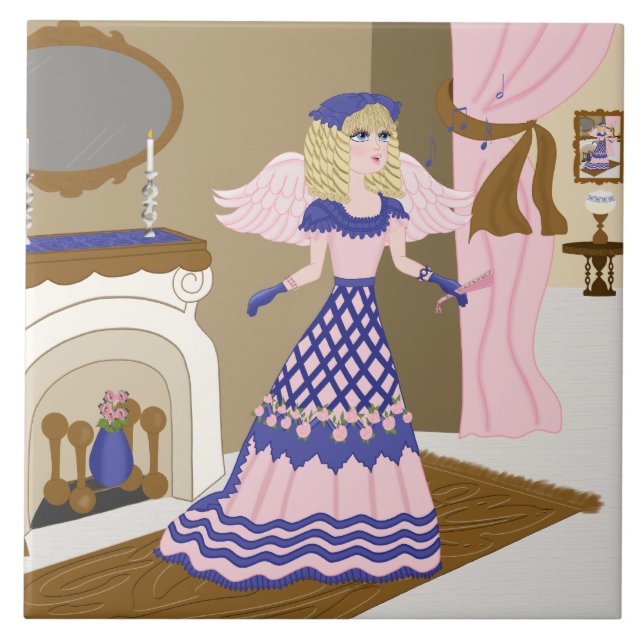 Victorian Angel Blue och Rosa Singing by Fireplace Kakelplatta (Framsidan)