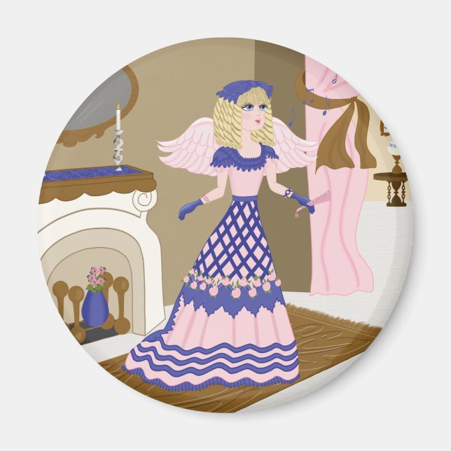 Victorian Angel Blue och Rosa Singing by Fireplace Magnet (Framsidan)