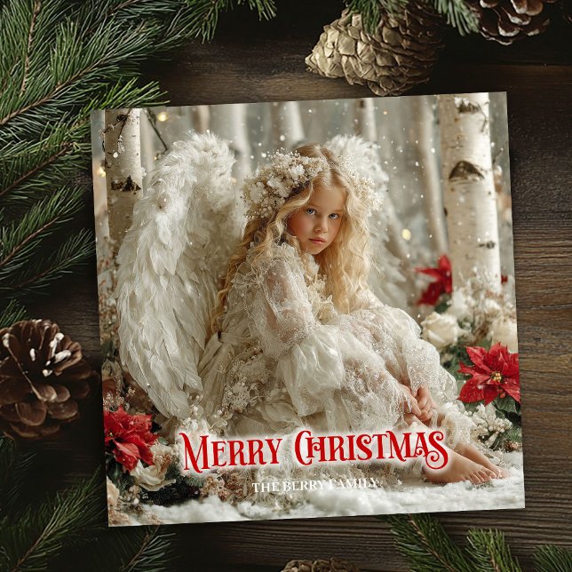 Victorian angelic angel red poinsettias holiday  julkort (Victorian angelic angel red poinsettias holiday card)