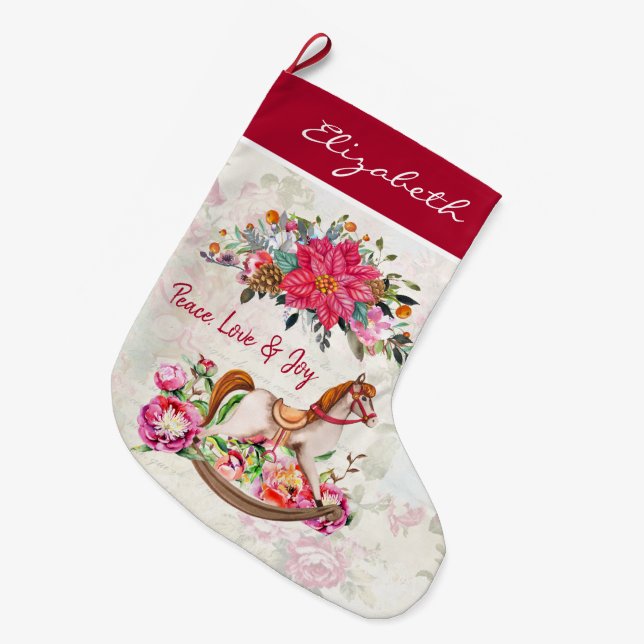 Victorian Antique Rocking Horse & Poinsettia Stor Julstrumpa (Framsidan (Hängande))