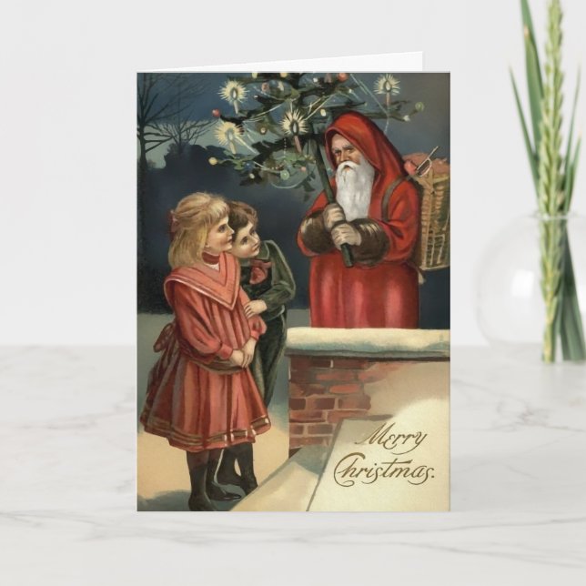 Victorian Arg Santa med Träd Helgkort (Framsida)
