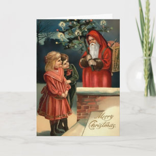 Victorian Arg Santa med Träd Helgkort