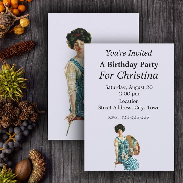 Victorian Artist Dam Painter Palette Birthday Inbjudningar (Victorian era artist lady with paint pallette on light blue birthday party invitations.)
