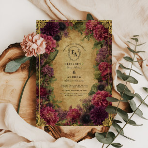 Victorian Baroque-Blommigten i Burgundy och Guld Inbjudningar