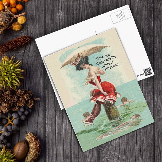 Victorian Bathing Beauty Postcard Vykort (Victorian lady parasol in vintage red bathing suit on pier at beach on postcard.)