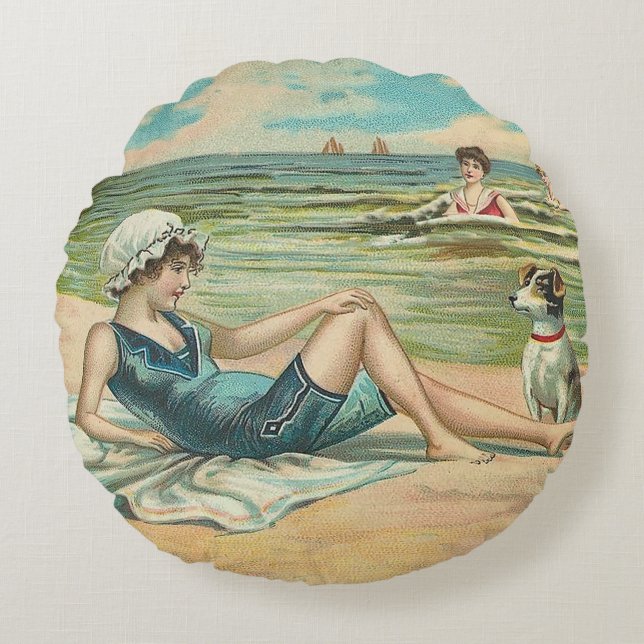 Victorian Beach Simma Girl Ocean Summer Vacation Rund Kudde (Framsidan)