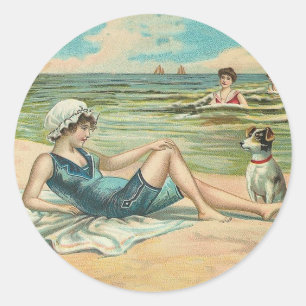 Victorian Beach Simma Girl Ocean Summer Vacation Runt Klistermärke