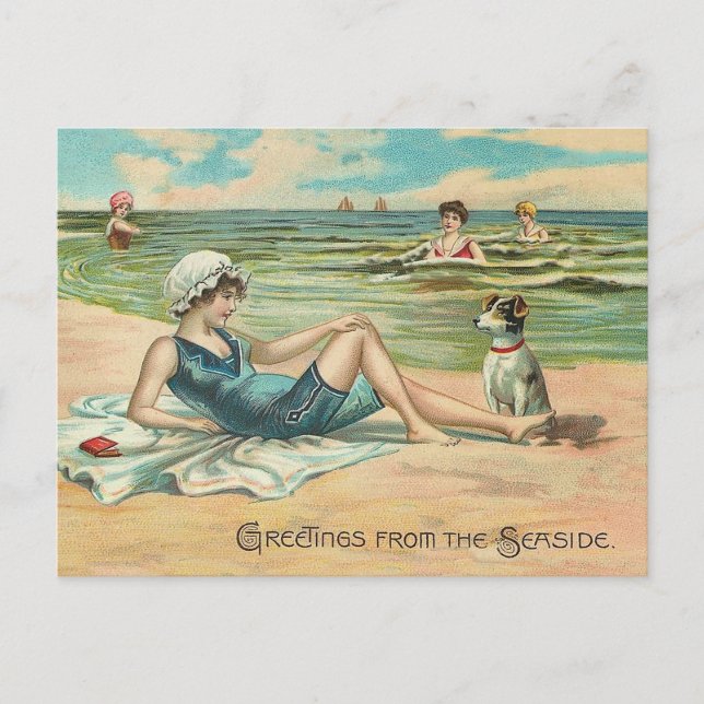 Victorian Beach Simma Girl Ocean Summer Vacation Vykort (Framsida)