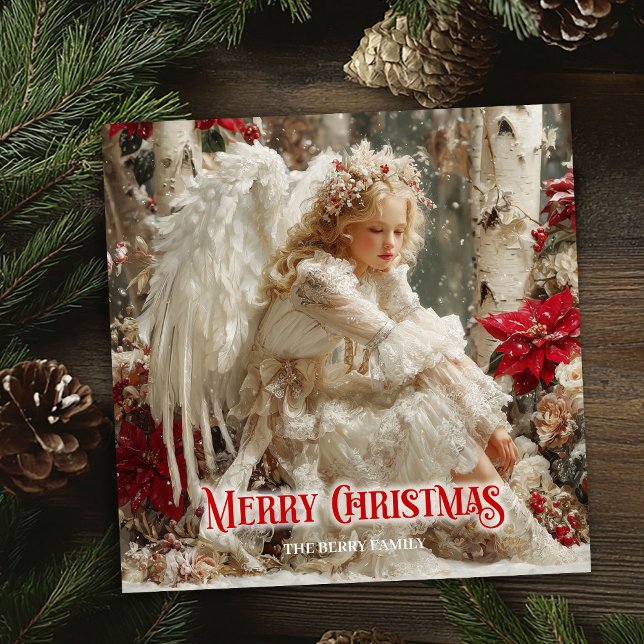 Victorian beautiful angel red white gold winter  julkort (Victorian beautiful angel red white gold winter card)