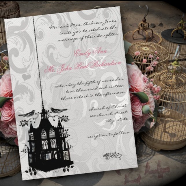 Victorian Birdcage Silver & Rosa Wedding bjudande  Inbjudningar (Skapare uppladdad)