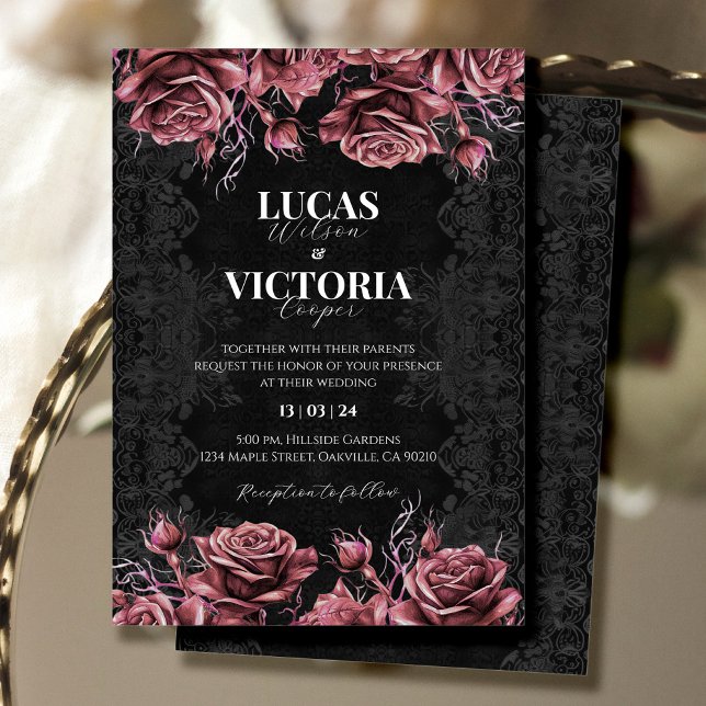 Victorian Black and Red Blommigt Gothic Bröllop Inbjudningar (Skapare uppladdad)