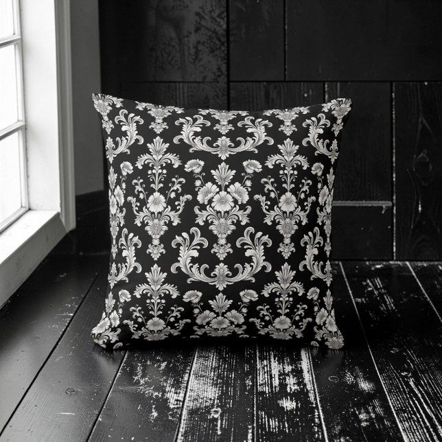 Victorian Black and White Damask Pattern Kudde (Skapare uppladdad)