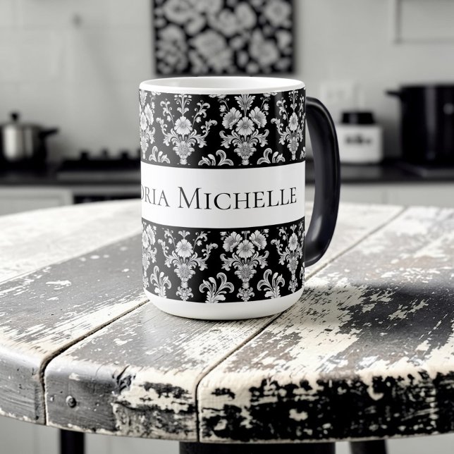 Victorian Black and White Damask Pattern Magisk Mugg (Skapare uppladdad)