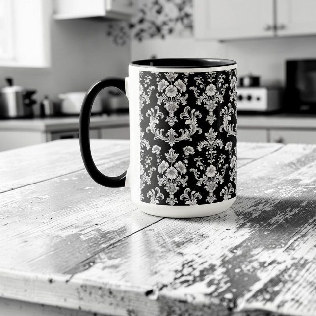 Victorian Black and White Damask Pattern Mugg (Skapare uppladdad)