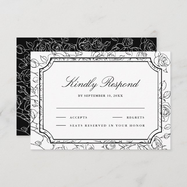 Victorian Black and White Floral Line Art Wedding OSA Kort (Fram/baksida)