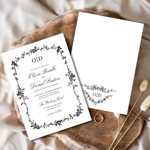 Victorian Black White Blommigt Bröllop Monogram Inbjudningar
