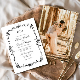 Victorian Black White Photo Monogram Bröllop Inbjudningar