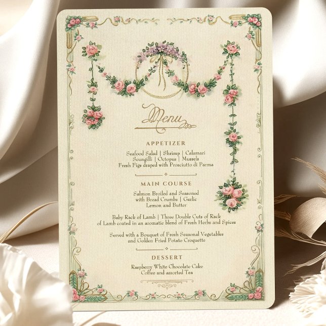 Victorian Blommigt Bröllop Menu Delikat Garland Inbjudningar (Skapare uppladdad)