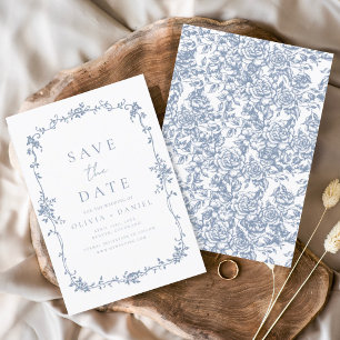 Victorian Blommigt Dusty Blue Fransk Bröllop Spara Datumet
