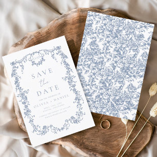 Victorian Blommigt Dusty Blue Fransk Bröllop Spara Datumet