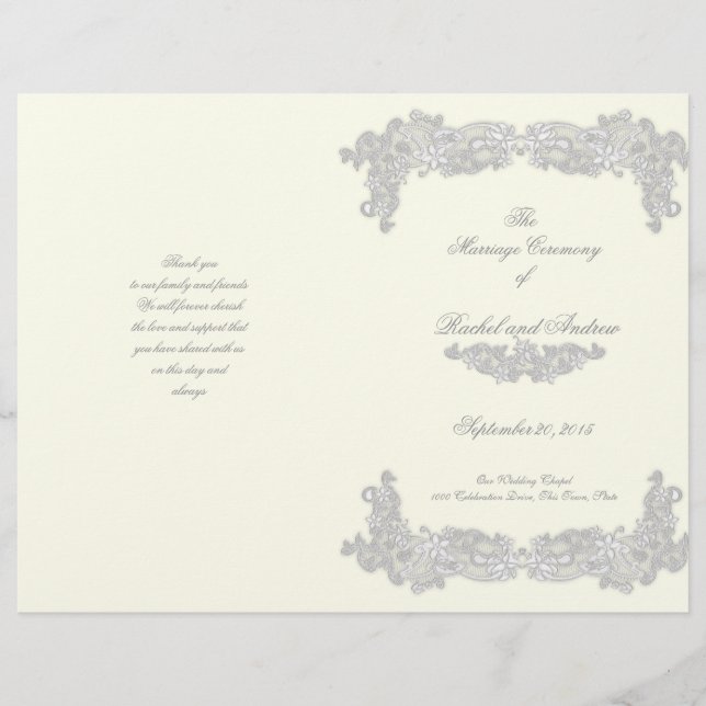 Victorian Blommigt Silver Grått-Bröllopsprogram (Framsida)