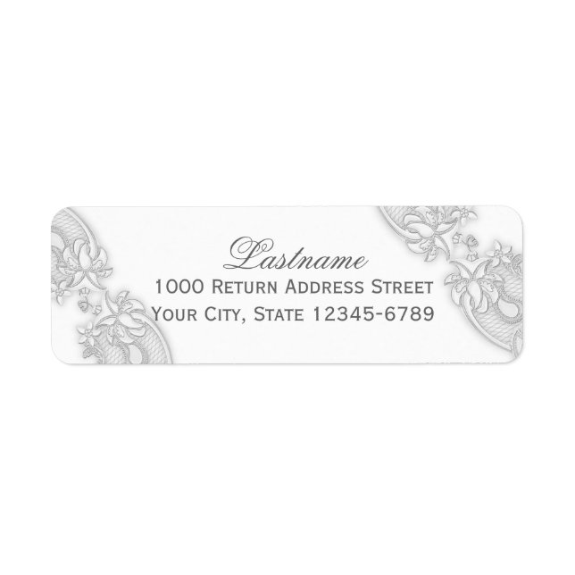 Victorian Blommigt Silver Grått Snöre Returadress Etikett (Framsidan)