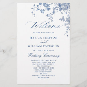 Victorian Blue Blommigt Bröllop Ceremony-programme